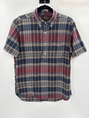 BEAMS PLUS Japan Plaid Button Down Short Sleeve Shirt Cotton Blue Red Large